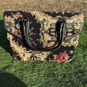 Vintage Jaclyn USA Tapestry‎ Purse Satchel Embroidered Leather Handles Unique